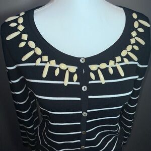 Joseph A Embellished Stripe Cardigan Sweater Button Front Black White